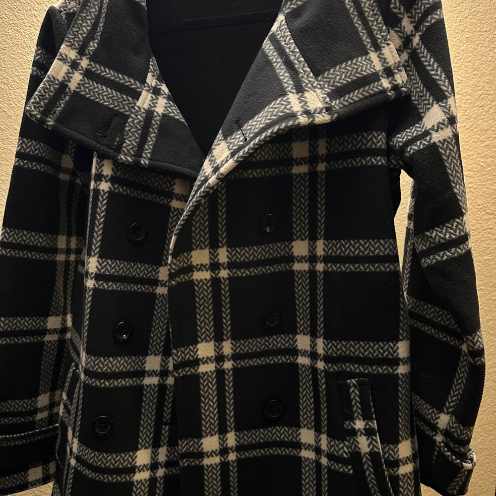 Ike Behar Black and White Plaid Pea Coat
